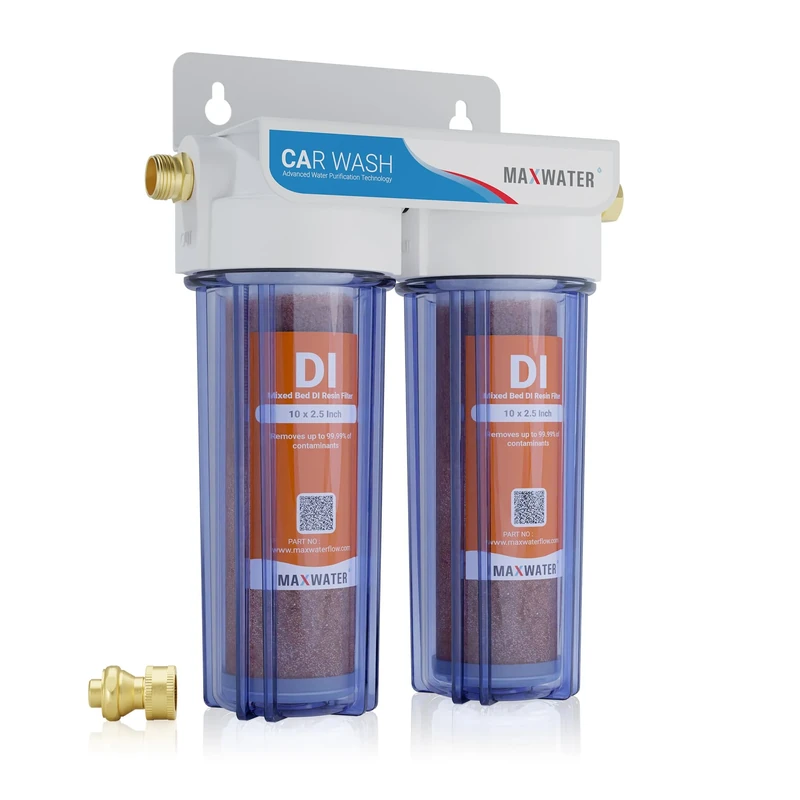 Max Water 2 Stage Standard 10" Car Wash Spotless Water System with Dual 10" x 2.5" Mixed Bed DI Resin Filter Cartridges (refillable) Effective for Auto-Detailing, Window Cleaning