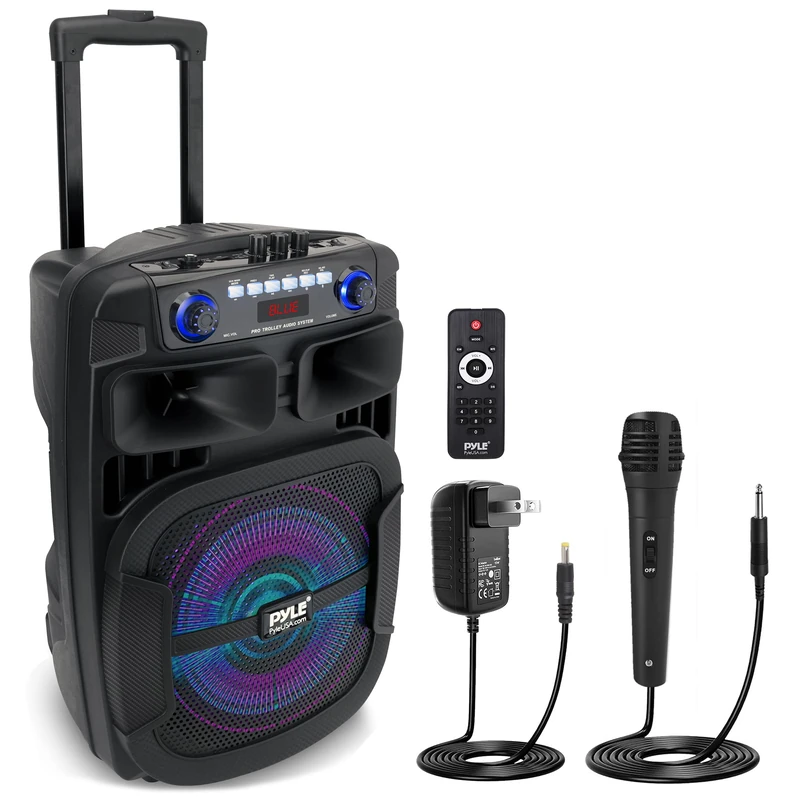 Pyle Portable Bluetooth PA Speaker System - 800W 12” Outdoor Bluetooth Speaker Portable PA System, Party Lights, USB SD Card Reader, FM Radio, Rolling Wheels, Wired microphone, Remote (PPHP128B)