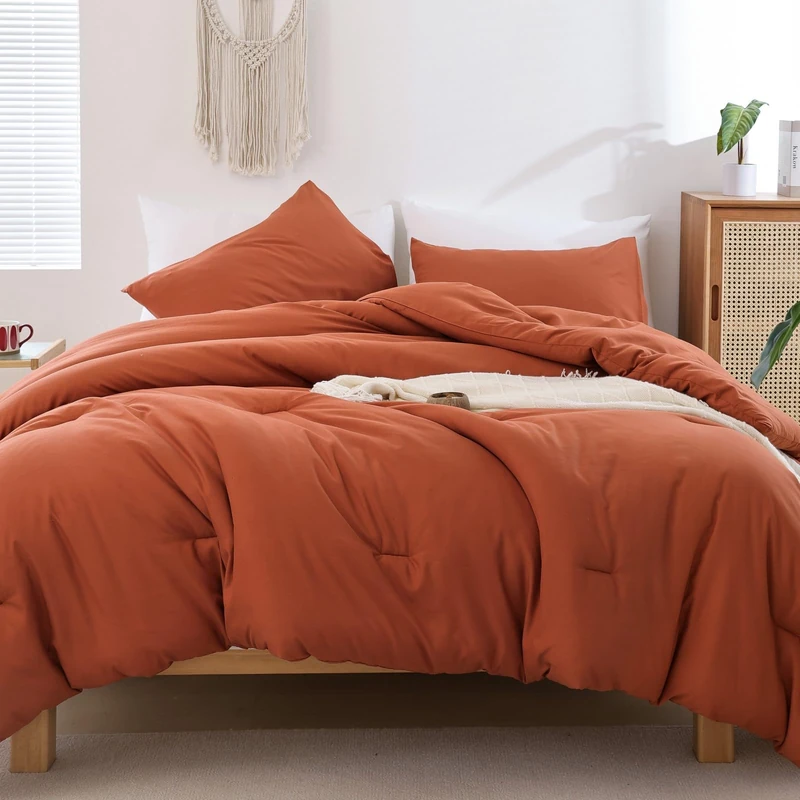 ROSGONIA Terracotta Comforter Set King- 3pcs (1 Comforter & 2 Pillowcases) Simple Rust Solid Color King Comforter Set for Women and Men- Reversible Soft Warm Microfiber Comforter for All Season