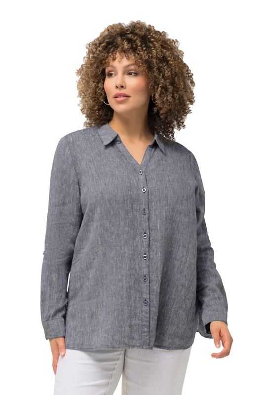 Ulla Popken Women's Linen Blouse Blouses, Navy Mottled, 28 UK/30 UK