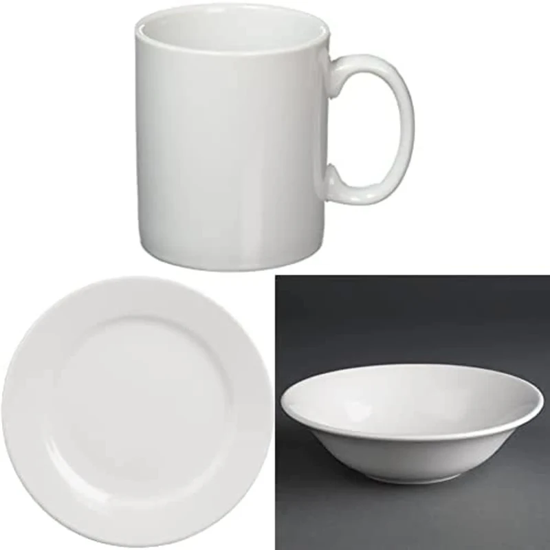 Athena Hotelware Mugs 10oz Porcelain White Coffee Tea Cup Dishwasher Safe with Hotelware Wide Rimmed Service Plates Porcelain White, Pack of 12 and Hotelware CC213 Oatmeal Bowl, 6" (Pack of 12)