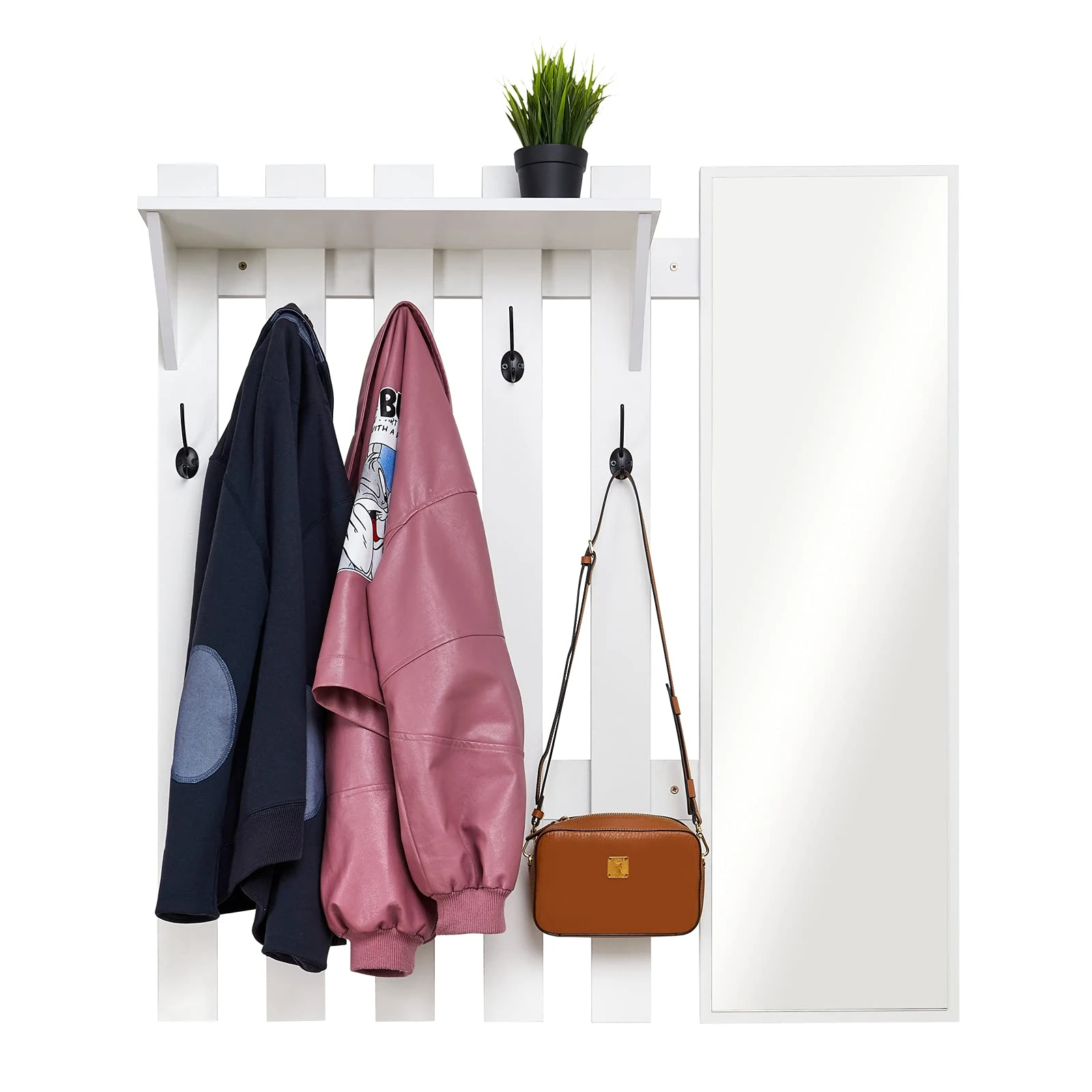 Meerveil Wall Mounted Coat Rack with Mirror, Hook Rack Shelf with 5 Hooks Industrial Style for Hallway Entryway, 100 x 22 x 106 cm (White)