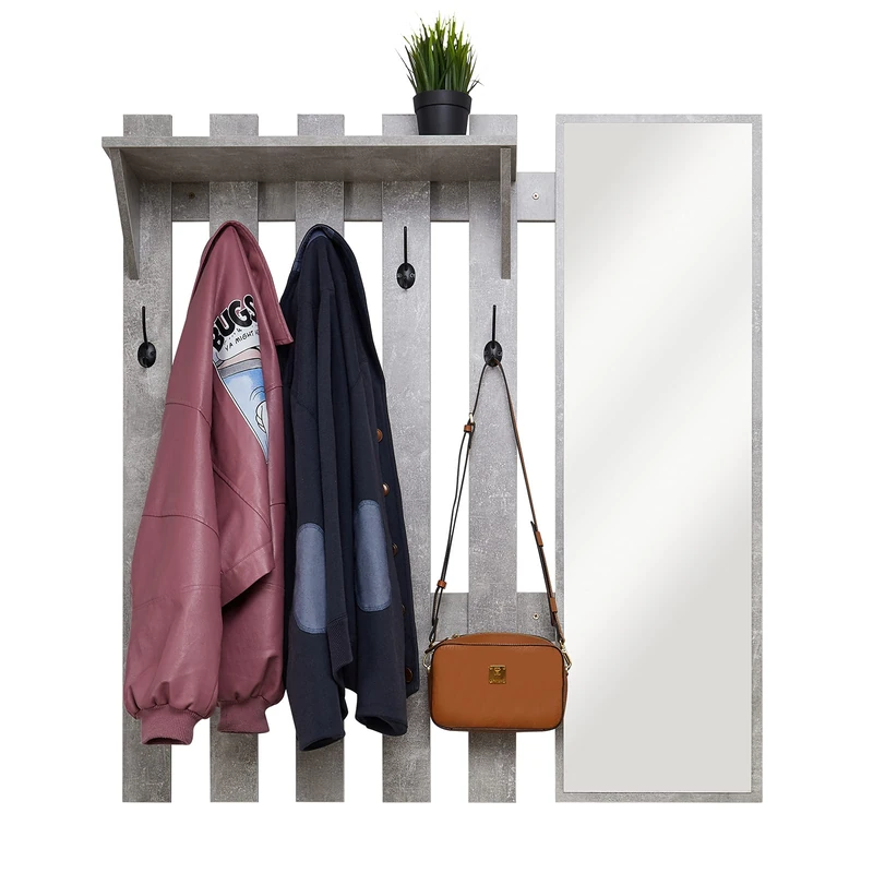 Meerveil Wall Mounted Coat Rack with Mirror, Hook Rack Shelf with 5 Hooks Industrial Style for Hallway Entryway, 100 x 22 x 106 cm (Grey)