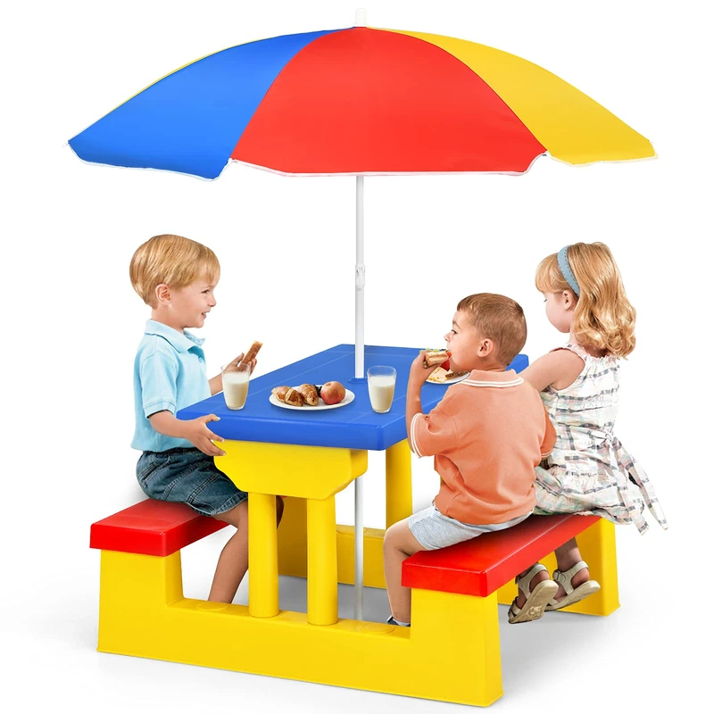 GYMAX Kids Picnic Table, Garden Toddler Bench Set (Yellow + Red + Blue)