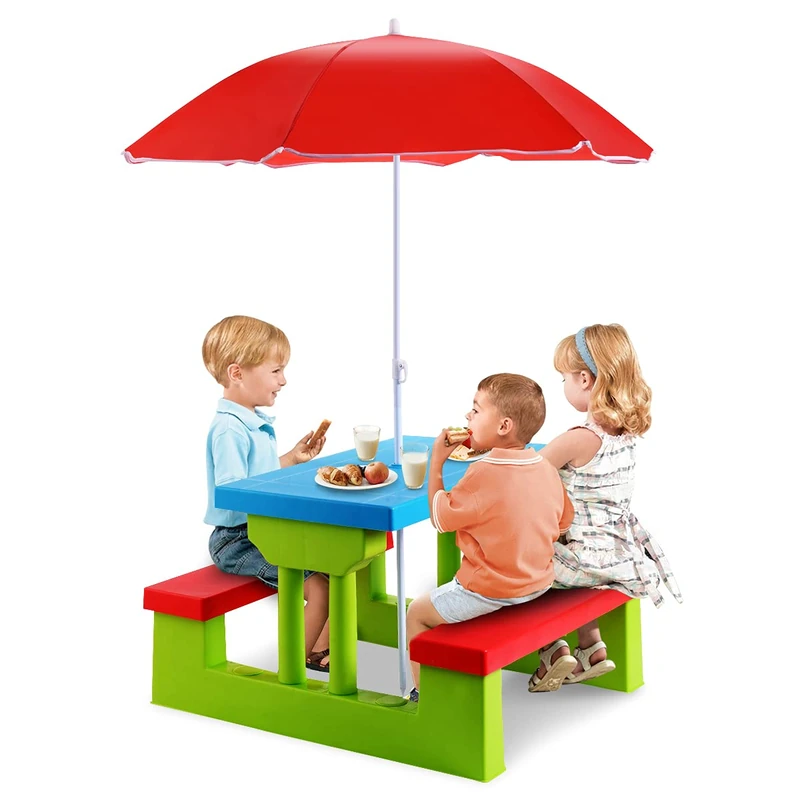 GYMAX Kids Picnic Table, Garden Toddler Bench Set with Detachable Umbrella, Indoor Outdoor Children Activities Play Table for Boys Girls (Green + Red + Blue)