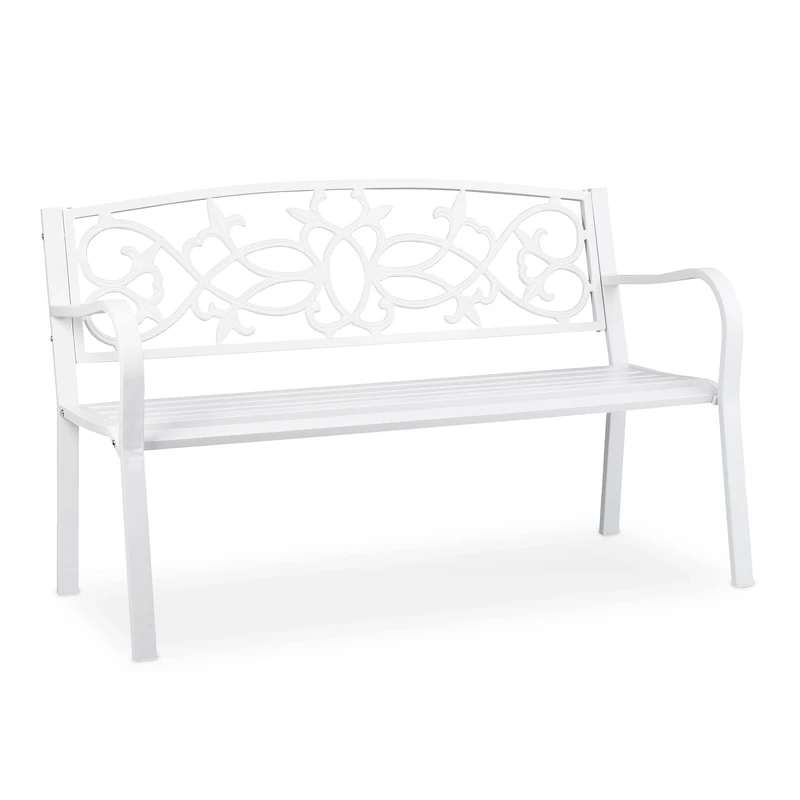 Relaxdays Ornate Garden Bench, 2 Seater, Weatherproof, Made of cast Iron & Steel, 124.5x58x78 cm (LxWxH), Outdoor, White, 78x124,5x58 cm
