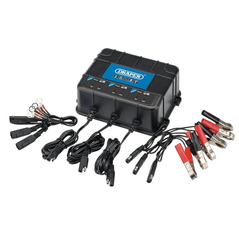 Draper 53172 6V/12V 3 Bank Charger Station, Black, One Size