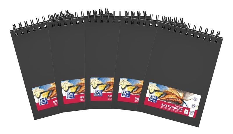 Oxford Sketchbook, notebook, high-quality paper, A5, hard cover, double spiral binding, 40 sheets, 225 g/m², black, pack of 5