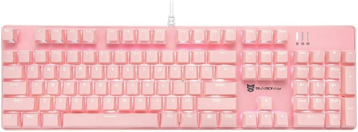 Qisan Mechanical Gaming Keyboard Wired White Backlit Keyboard Blue Switches Full Size 104 Keys US Layout-Pink