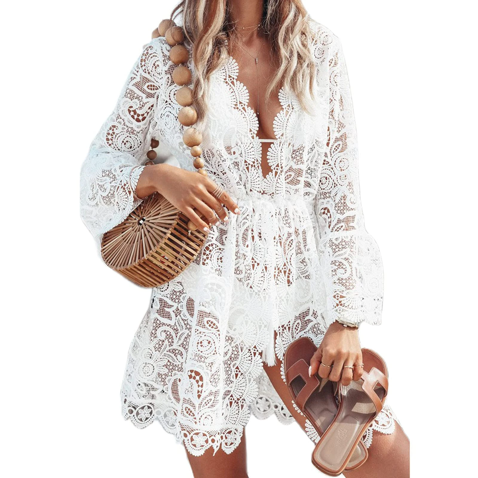 Women Lace Floral Bikini Cover Ups V Neck Hollow Out Swimwear Tunic Beach Dress Summer Beachwear (White, X-Large)