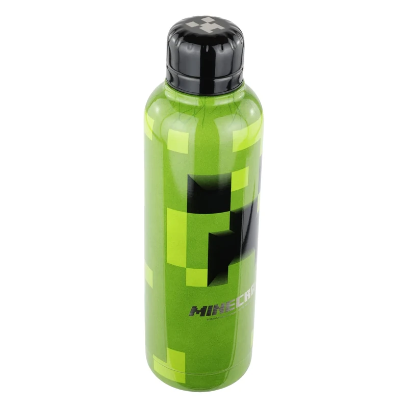 p:os 34023 - Minecraft Design Stainless Steel Water Bottle, 515 ml, Double Walled, Leak-Proof, Suitable for Carbonated Drinks, Ideal for Enjoying Cold and Hot Drinks at School, Sports and Leisure,