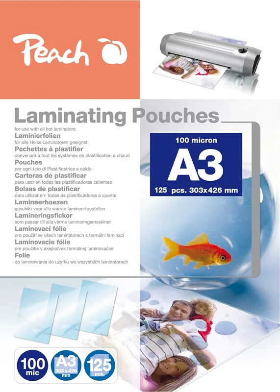 Peach Laminating Pouches A3 100 mic 125 Pouches Glossy Premium Quality for Best Laminating Results Compatible with Devices of All Brand Manufacturers PP500-01P