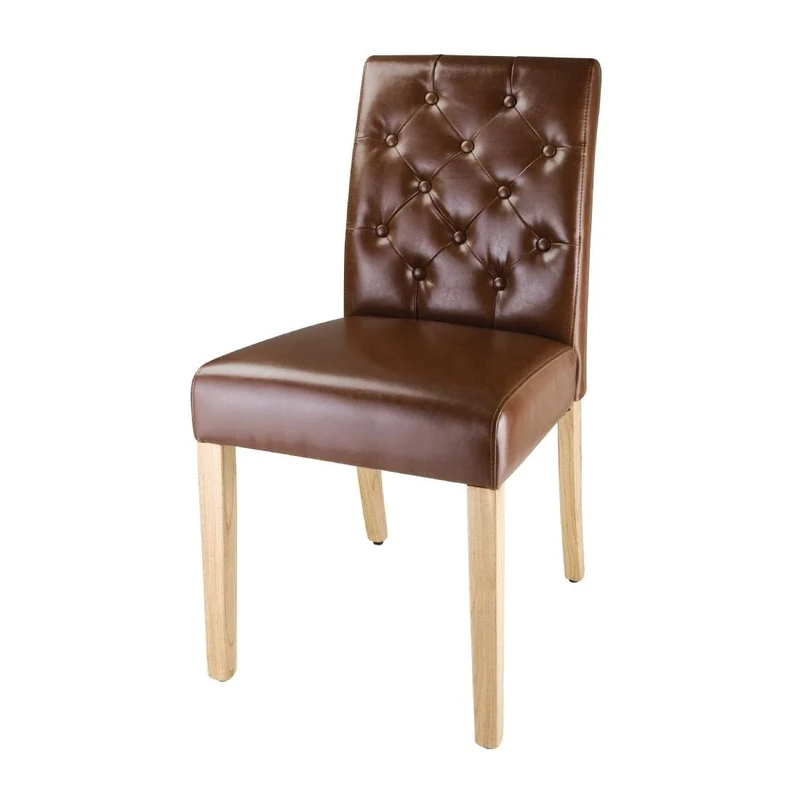 Nisbets PLC Bolero Chiswick Button Tan Leather Dining Chairs with Hardwood Frame and Fabric Seat - Sturdy and Easy Clean - H507mm - Pack of 2