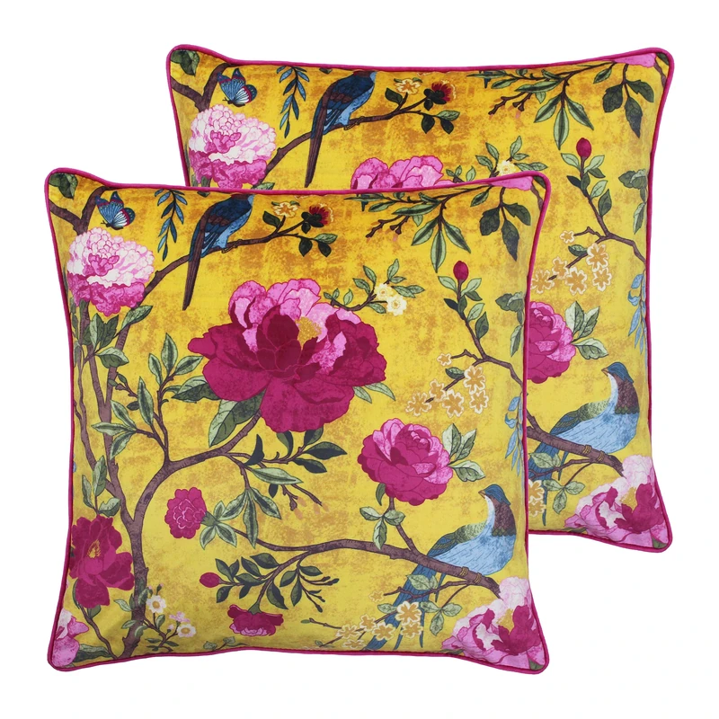 Paoletti Chinoiserie Twin Pack Feather Filled Cushions, Gold, 50 x 50cm