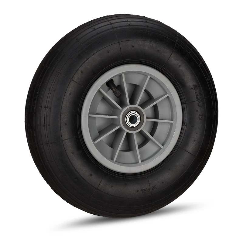 Relaxdays Wheelbarrow Tyre, 4.00-6, Plastic Rim, Pneumatic, 3 Adaptors, Replacement Spare Wheel, Black-Grey