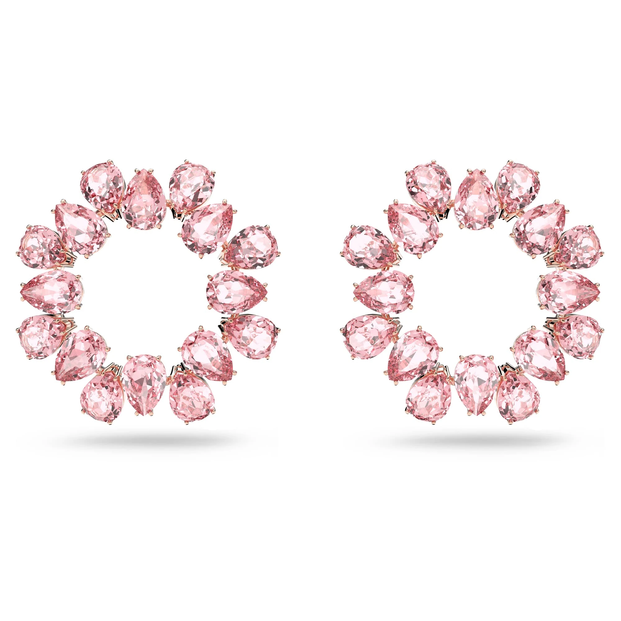 Swarovski Hoop Drop Earrings, Pink Pear Cut Crystal Earrings in a Rose Gold Tone Plated Setting, from the Millenia Collection