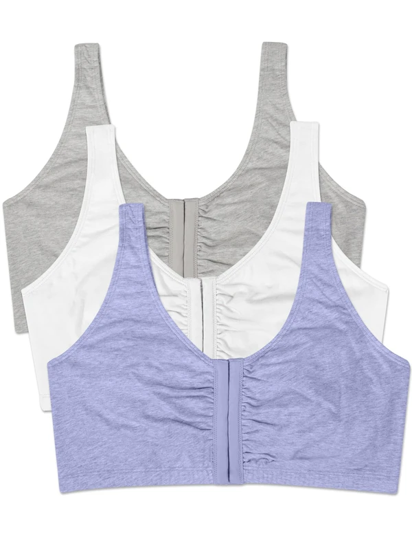Fruit of the Loom Womens Front Close Builtup Sports Bra, Blue Gem Heather/White/Grey 3-Pack, 46