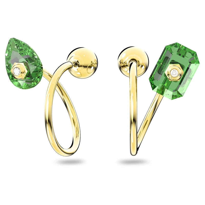 Swarovski Numina Looped Earrings, Asymmetrical Pear Drop and Imperial Cut Green Crystals, Gold-tone Plated from the Numina Collection