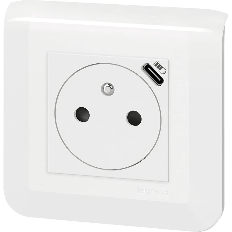 LEGRAND - Pre-wired Wall Outlet + Mosaic Surface USB-C Charger with Finish Plate + Batibox Bracket - Flush Plug with Retractable Bottom - White - Image 1