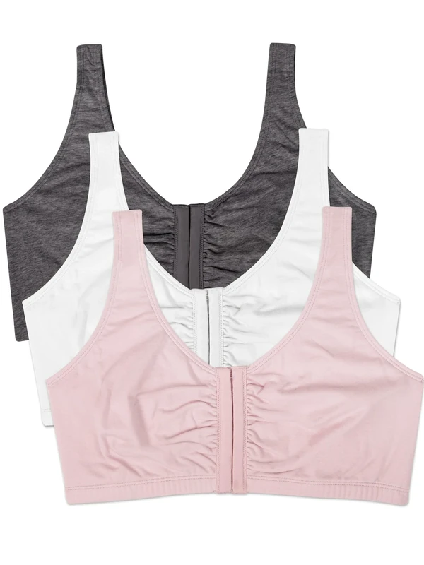 Fruit of the Loom Womens Front Close Builtup Sports Bra, Blushing Rose/Charcoal/White 3-Pack, 36