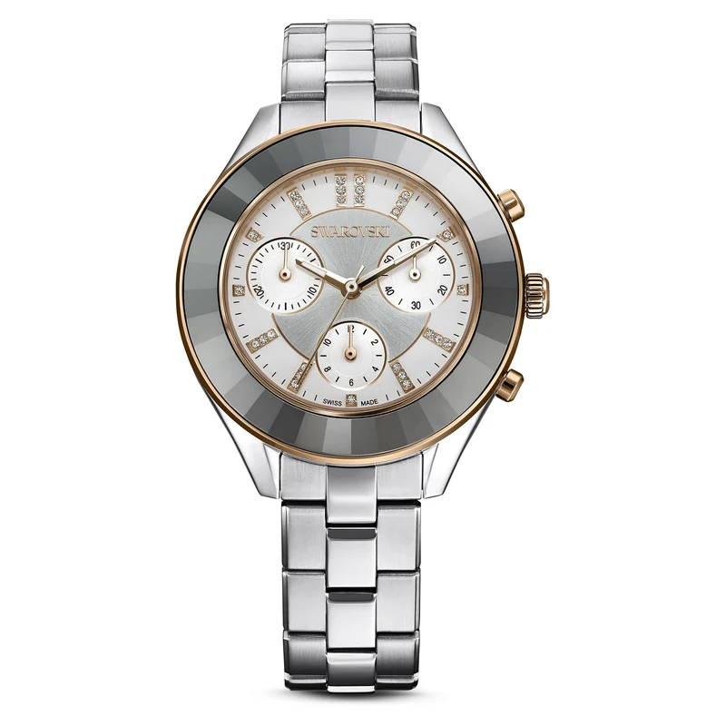 Swarovski Octea Lux Watch, White and Chrome Coloured Crystals, Rose Gold Tone and Silver Tone Stainless Steel, from The Octea Collection