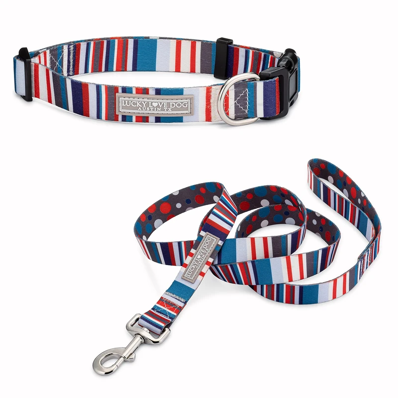Lucky Love Dog, Nautical Matching Dog Collar and Leash Set, Polka Dot Striped Dog Collar and Leash for Male Female Dogs - (Medium, Linus Combo)