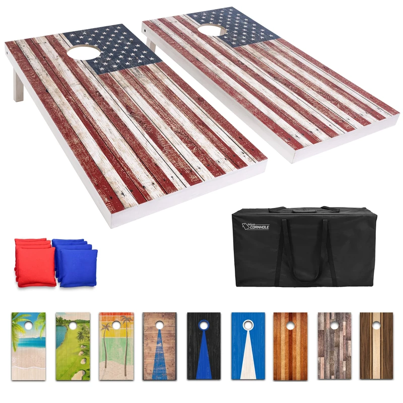 GoSports 4 x 2 ft Regulation Size Wood Cornhole Board Set - Rustic American Flag Design, Includes 2 Boards, 8 Bean Bags, Carrying Case and Game Rules - Image 1