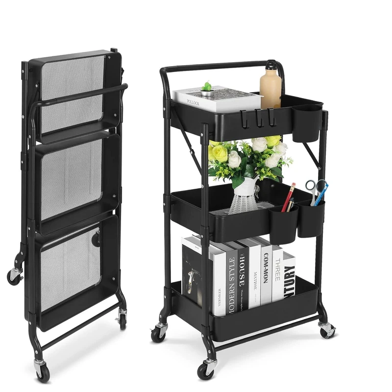 johgee Foldable 3 Tier Metal Utility Rolling Cart, Folding Mobile Multi-Function Storage Trolley Organizer Cart for Home Library Office(Foldable-Black)
