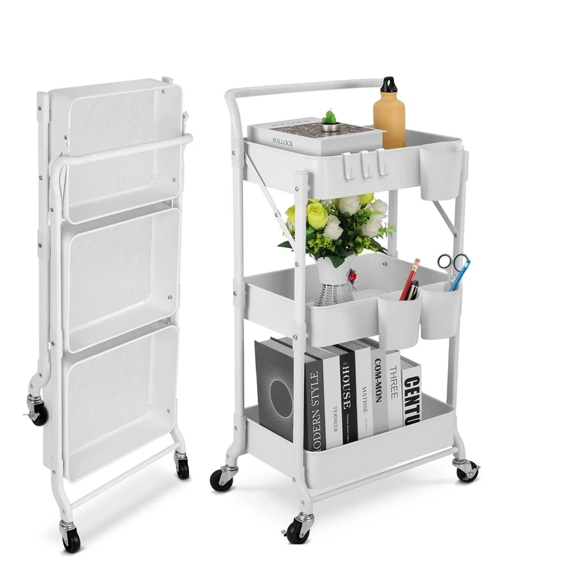 johgee Foldable 3 Tier Metal Utility Rolling Cart, Folding Mobile Multi-Function Storage Trolley Organizer Cart for Home Library Office(Foldable-White)