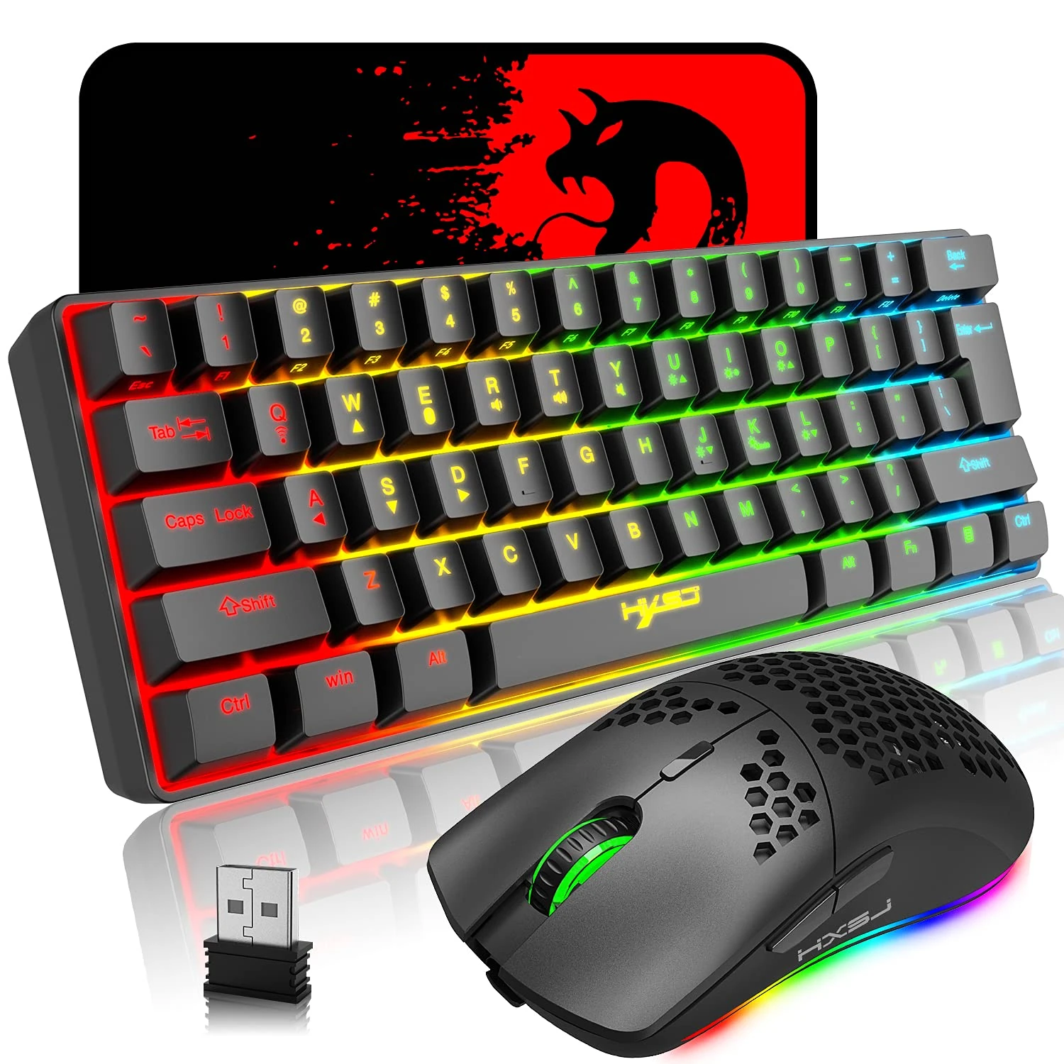 Rechargeable Bluetooth 5.0 Wireless/2.4G USB Wired Dual-mode RGB LED Backlight Effects Gaming Keyboard Compact 61 Keys Anti-ghosting Keys Wireless Usb Gaming Mouse 750mAh Lightweight (Black)