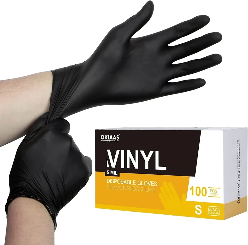 OKIAAS Black Gloves Small, Vinyl Gloves Latex Free, 5 mil, 100 Count, for Food Prep, Household Cleaning, Hair Dye, Tattoo