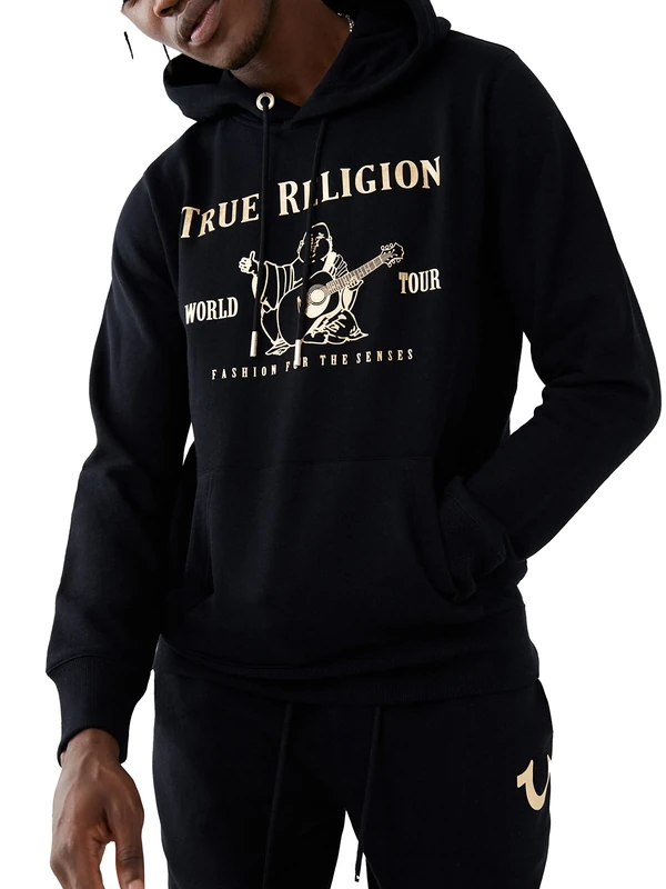 True Religion Men's Metallic Buddha Fleece Hoody, Black, XL