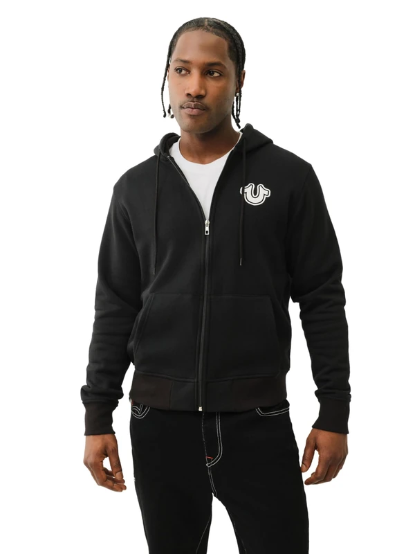 True Religion Men's Core Zip Up Hoodie, Black, L