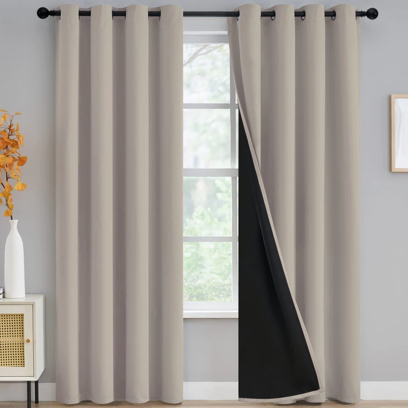 Yakamok 100% Blackout Curtains for Bedroom 96 Inch Length, Complete Light Blocking Drapes with Black Backing, Thermal Insulated Solid Grommet Panels for Living Room, 52Wx96L, Natural, 2 Panels