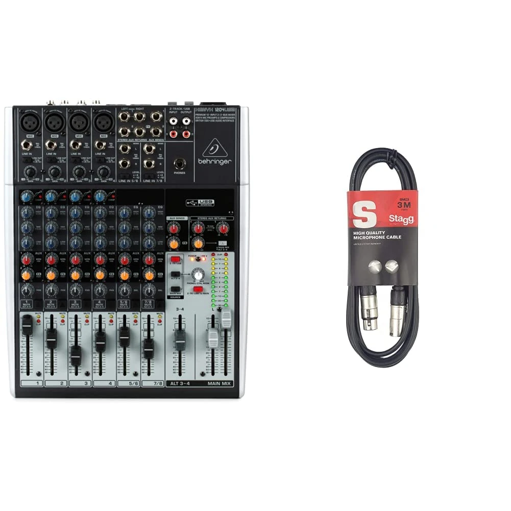 Behringer XENYX 1204USB Premium 12-Input 2/2-Bus Mixer with XENYX Mic Preamps and Compressors & Stagg SMC3 3m XLR to XLR Plug Microphone Cable, Black