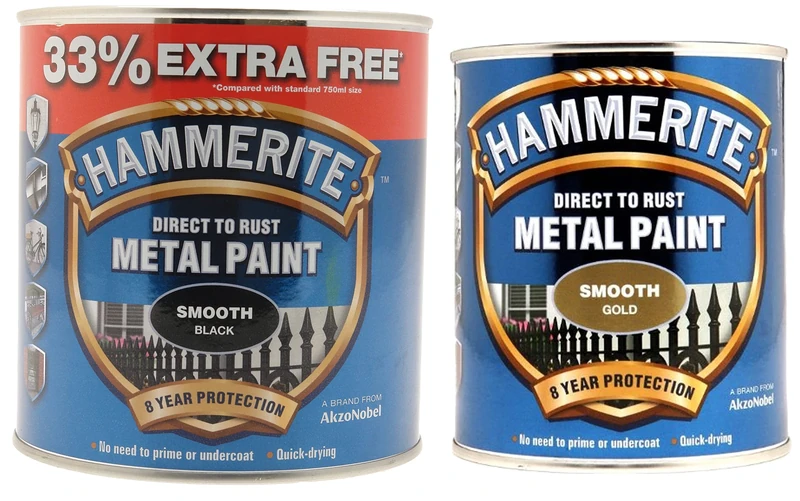 Hammerite 5092830 Direct to Rust Metal Paint - Smooth Gold Finish 750ML & 5158235 Metal Paint, Smooth Black, 1L