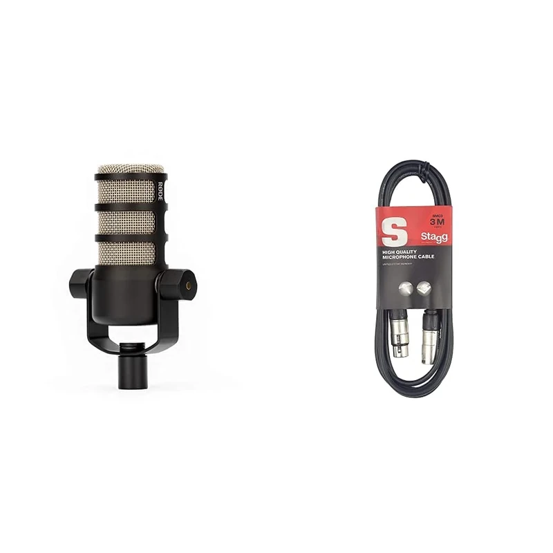 RØDE PodMic Broadcast-quality Dynamic Microphone with Integrated Swing Mount for Podcasting, Streaming, Gaming, and Voice Recording,Black & Stagg SMC3 3m XLR to XLR Plug Microphone Cable, Black