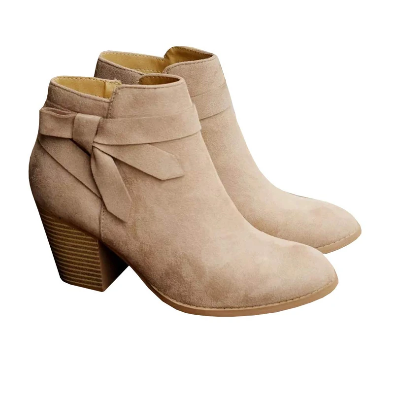 PiePieBuy Women's Tie Knot Chelsea Pump Ankle Boots Closed Toe Stacked Heel Booties Shoes, Beige, 5.5 UK