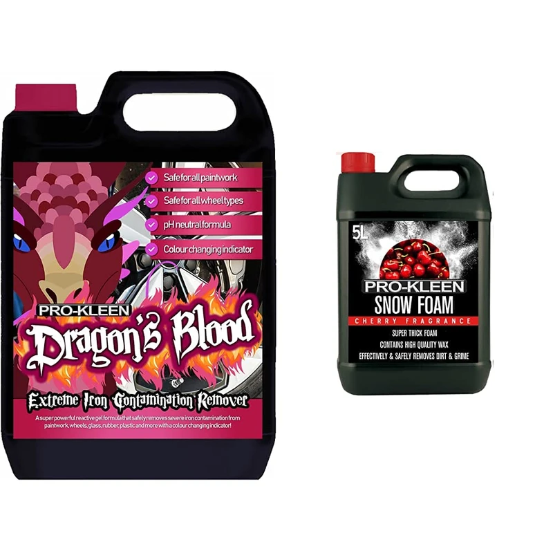 Pro-Kleen 5DB Dragon's Blood Iron Contamination Fallout Remover, pH Neutral, Fast Acting Alloy Rim Cleaner & 5LCNF Snow Foam pH Neutral, Super Thick and Non-Caustic – (5L Cherry Fragrance)