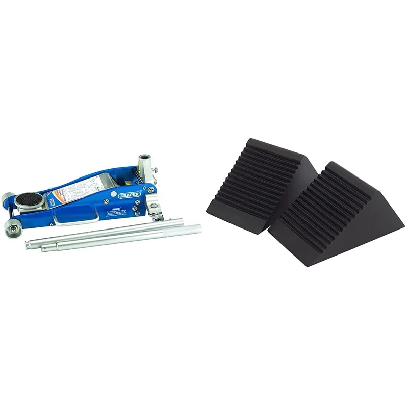 Draper 31479 Aluminium/Steel Trolley Jack with Quick Lift Facility, 2.5 Tonne Capacity & 54500 Rubber Wheel Chock, Pack of 2