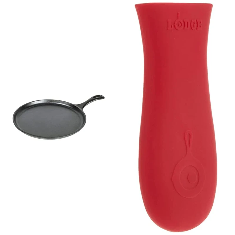 Lodge 26.67 cm / 10.5 inch Pre-Seasoned Cast Iron Round Griddle/Pancake Pan, Black & Classic Silicone Hot Handle Holder, Red