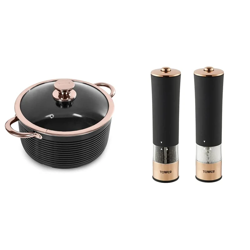 Tower T800002RB Casserole Dish with Lid, Linear Collection with Easy Clean Non-Stick Ceramic Coating, Black and Rose Gold, 5 Litre & T847003RB Electric Salt and Pepper Mill, Rose Gold and Black