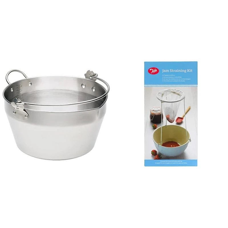 KitchenCraft Home Made Maslin/Jam Pan for Induction Hob with Recipe in Gift Box, Stainless Steel, 9 Litre & Tala Jam Straining Set