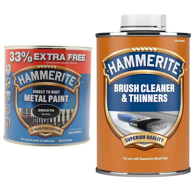 Hammerite 5158235 Metal Paint, Smooth Black, 1L & 5084920 Brush Cleaner And Thinners 1Ltr