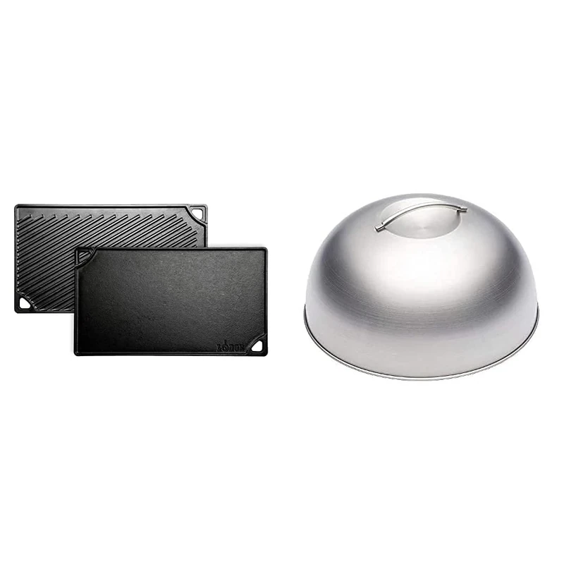 Lodge LDP3 42.55 x 24.13 cm / 16.75 x 9.5 inch, Black & KitchenCraft MasterClass MCMDOME Melting Dome and Burger Cover, Stainless Steel, Silver, 22.5 x 12 x 16 cm - Image 1
