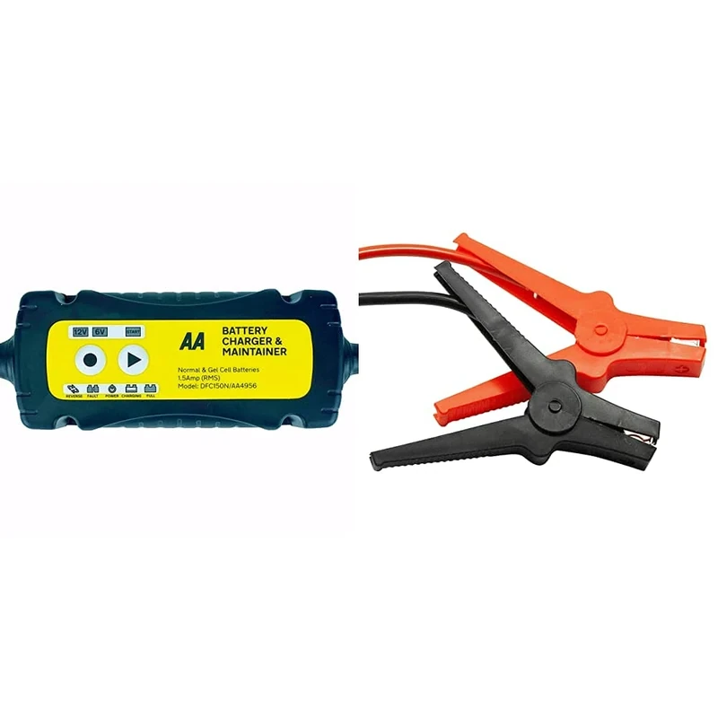 AA 1.5 Amp 6 V/12 V Car Battery Charger Maintainer AA4956 UK Plug Fully Automatic with Crocodile Clamps Eyelet Connectors As Used By AA Patrols & Insulated Booster Cables/Jump Leads AA4550-250A, 3 m