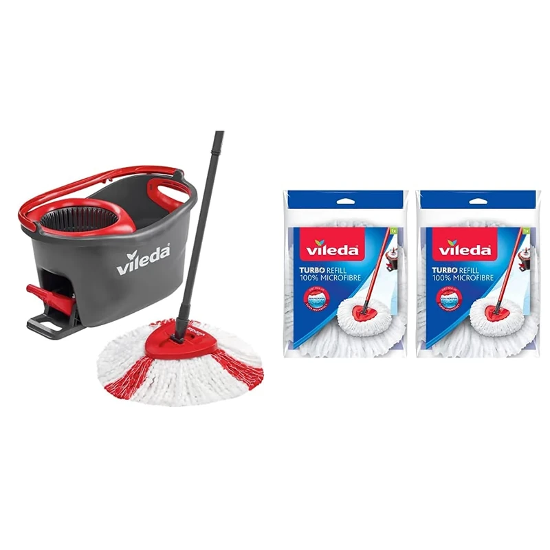 Vileda Turbo Microfibre Mop and Bucket Set & Turbo Classic Microfibre Mop Refill Head, Pack of 2