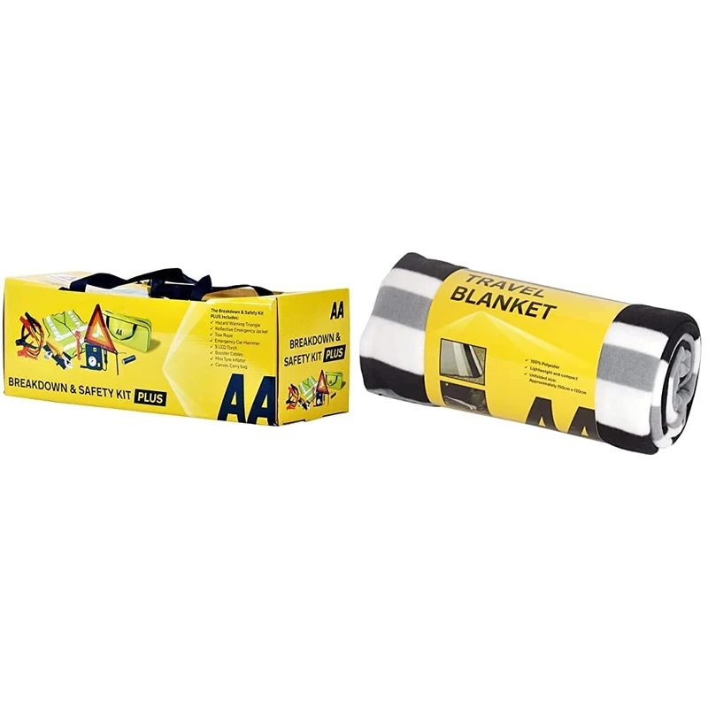 AA Vehicle Breakdown Safety Kit Plus AA5618 – Tyre Inflator, Warning Triangle, Tow Rope, Hi-Vis Vest, Torch, Glass Hammer, Booster Cables, Storage Bag & Travel Fleece Blanket