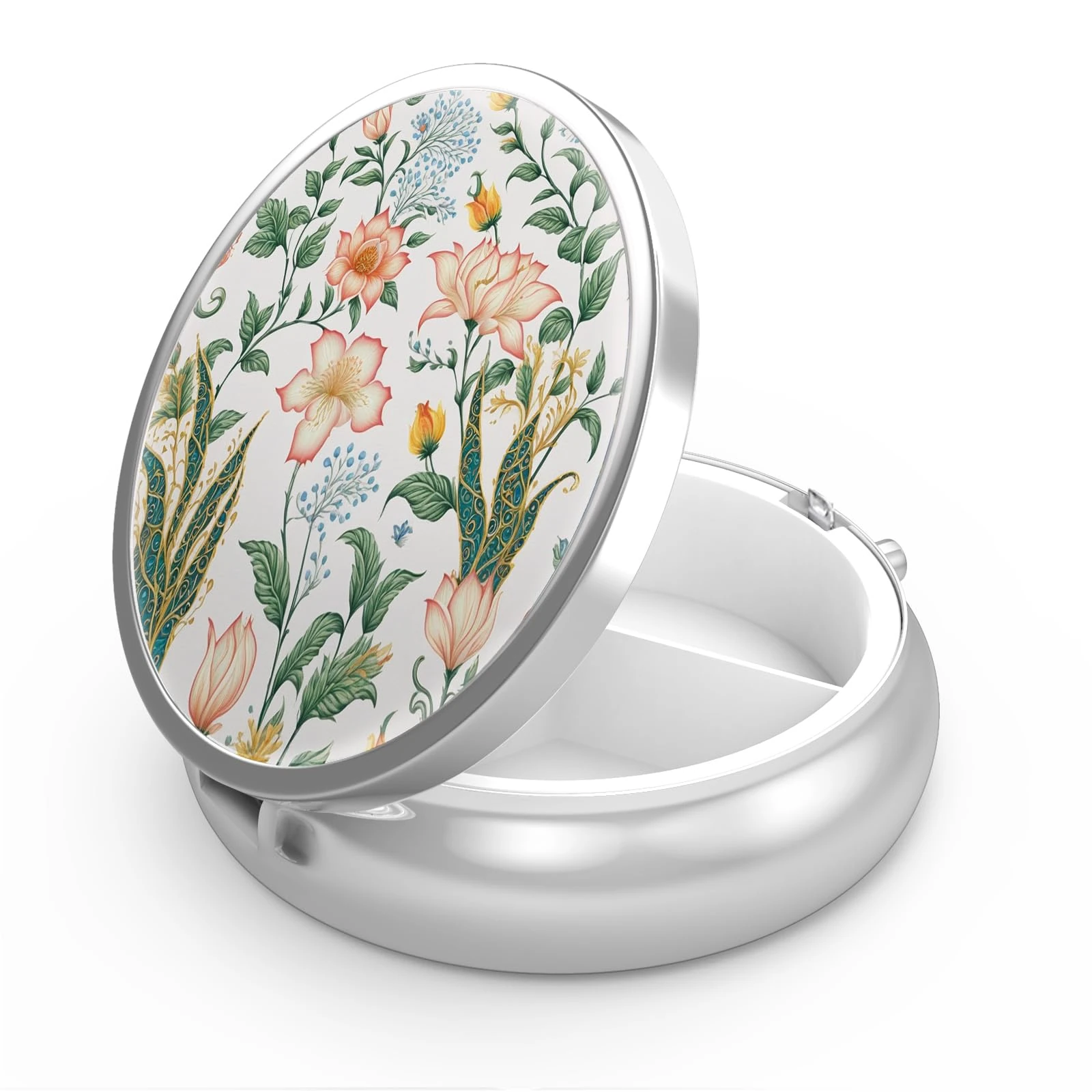 Pill Box 3 Compartment Medicine Pill Case,Portable for Pocket or Purse Pill Box Decorative Metal Medicine Vitamin Organizer Unique Gift(Floral Flower)
