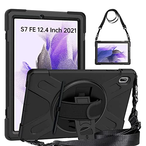 Gerutek Samsung Galaxy Tab S7 fe Case | Samsung Galaxy Tab S8 Plus+ Case,Heavy Duty Shockproof Protective Case with 360 Rotating Kickstand & Hand/Shoulder Strap Case Cover For Galaxy Tab S7 fe, Black